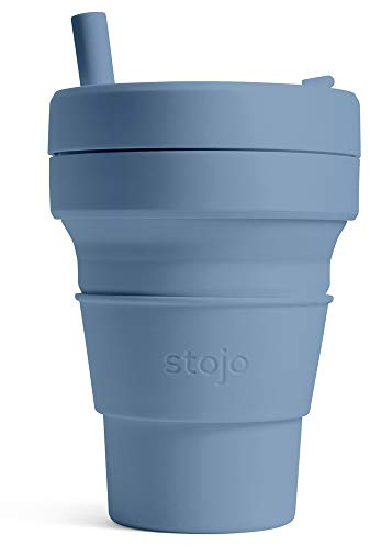 STOJO On-The-Go Biggie Faltbarer Kaffeebecher mit Deckel, 473 ml, wiederverwendbarer und faltbarer Silikon-Reisebecher, tragbar, Taschenformat, spülmaschinenfest, Stahlblau