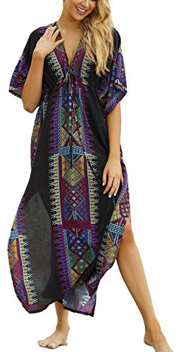 YouKD Caftan Flojo Estampado Verano Floral Boho Vestido de Bikini de Playa Bata de Talla Grande para Mujer