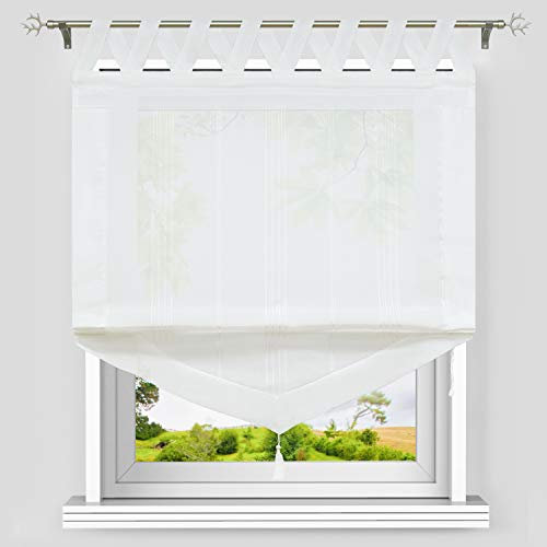 Heichkell Dreieckiges Raffrollo mit V-Schlaufen Halbtransparente Raffgardine Längstreifen und Quaste Moderner Gardinenstore Dreiecke Borte Schlaufenrollo Weiß B/H 120/140cm
