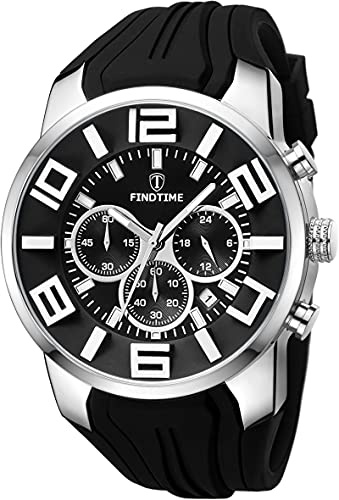 findtime Reloj deportivo para hombre, cronógrafo, militar, analógico, cuarzo, silicona, reloj de pulsera para hombres y jóvenes, números grandes, fecha, temporizador, color rojo, Negro , Correa
