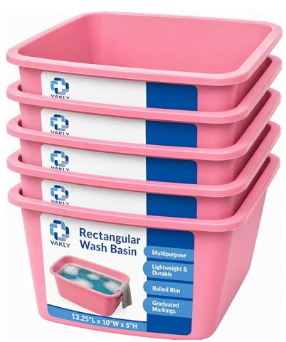 Vakly Wash Basins – Rectangular Plastic Hospital Bedside Soaking Tub - Small 7 Qt Graduated Bucket - Portable Washbasin for Washing, Cleaning, Foot Bath, Dishes, Face Cleansing Bowl (5, Pink)