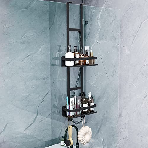 HANFU Duschablage zum Hängen, Edelstahl mit 2 Duschkorb Ohne Bohren Werkzeuglose Installation, Duschregal zum Hängen mit Haken und Saugnapf für Badezimmer Aufbewahrung, Schwarz