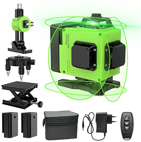 Kreuzlinienlaser Laser Wasserwaage 4x360 Grad, Linienlaser Grün Kreuzlaser Selbstnivellierend Nivelliergerät Baulaser 3D, 2*AA Batterie für Innen- und Außenbereich Baustelle (Standard)