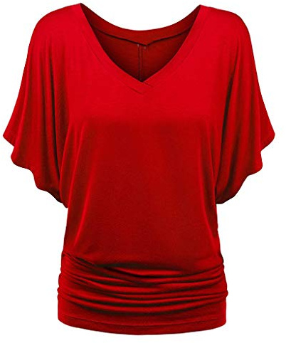 TIMEMEAN Femme Blouses Chemise à Manches Chauve-Souris Et Ourlet Replié Tunique De Couleur Unie à Manches Courtes Et Col en V De Grande Taille