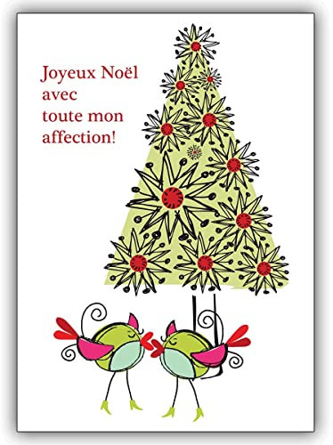 10x Französische Designer Weihnachtskarte mit verliebten Vögeln vor Weihnachtsbaum • Weihnachts Glückwünsche im Set mit Umschlägen zum Jahreswechsel für Familie, Freunde, Kollegen aus der Firma