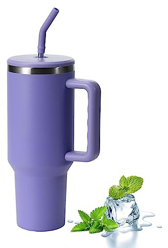 Vaso térmico con tapa con popote y asa, taza aislada de viaje para café de acero inoxidable, taza de viaje de 40 onzas/30 onzas, botella de agua, termo para café caliente y frío (morado 5)