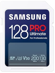Samsung PRO Ultimate SD-kort, 128 GB, UHS-I U3, Full HD & 4K UHD, 200 MB/s läsning, 130 MB/s skrivning, minneskort för smartphone, drönare eller actionkamera, inkl. USB-kortläsare, MB-SY128SB/WW