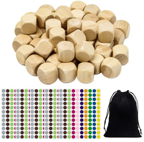 Neikafan 50 Pièces Dés en Bois Dés Vierges DIY 20mm Dés de 6 Faces Bois Cubes avec Sac de Cordon Noir Et Autocollant De Point pour Bricolage,Loisirs Créatifs Puzzles Et Numéros