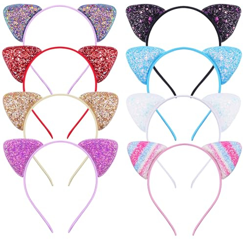 EUDUQ Katzenohren Haarreif Set,8 Stück Glitzer Katze Haar Hoops Metall katzenohren Stirnband Pailletten Cat Ears Stirnbänder Haarschmuck Für Geburtstagsparty Cosplay