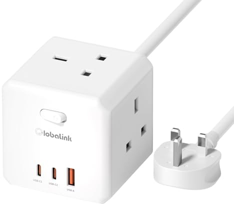 GlobaLink Cube Extension Lead, Gan 65W Power Strip with 3 AC, 2 USB C, 1 USB A Slots, 6 in 1 Desktop Power Extension Socket with 1.5M Extension Cords for MacBook iPad iPhone Home Office Travel