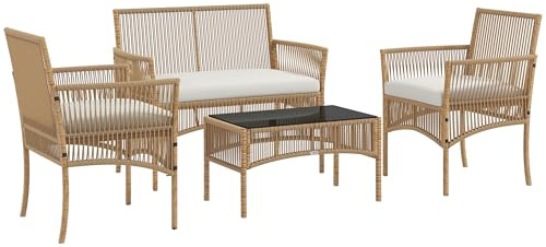 Outsunny Salon de Jardin extérieur 4 pièces canapé 2 Places + 2 fauteuils + 1 Table Basse Plateau Verre trempé Noir 3 Coussins d'assise - métal et résine tressée - Beige