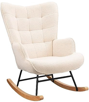 jeerbly Gungstol med beige teddy sammet fyrkantig rygg, svängstol accentstol vardagsrumfåtölj relaxfåtölj gungstol för sovrum, relaxfåtölj, TV-fåtölj, lastkapacitet upp till 120 kg