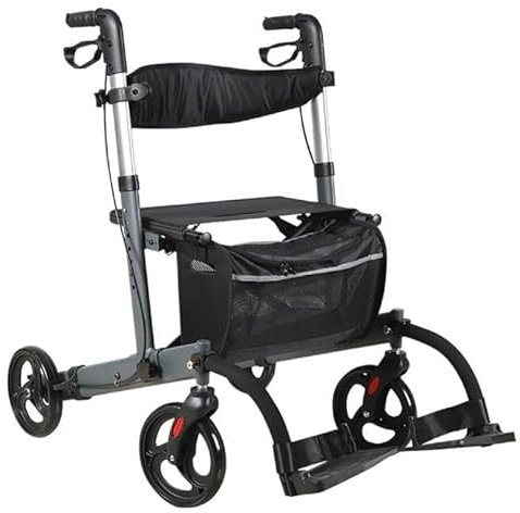Rollator in Alluminio Pieghevole,deambulatore da esterno,Deambulatore 4 Ruote,Girello anziani,carrello della spesa,Con freno,Altezza regolabile grey