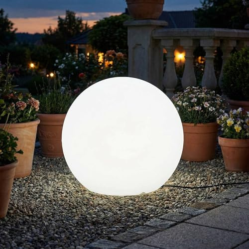 Licht-Erlebnisse Kugellampe mit Kabel Stecker Weiß IP65 inkl. E27 LED 6500 K rund Ø 40 cm robuste Wegeleuchte Terrasse Außenleuchte Garten
