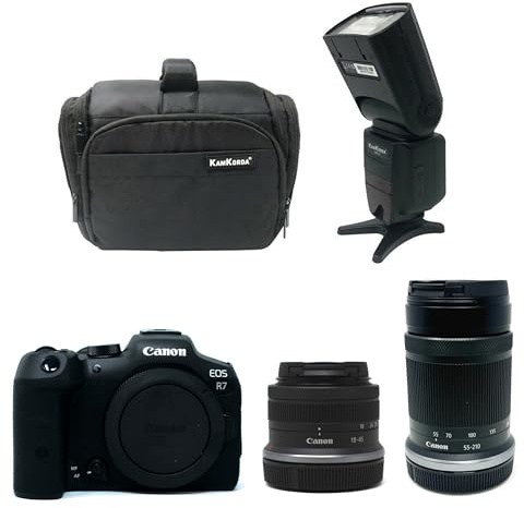 KamKorda Camera Bag + Flash + R7 Mirrorless Camera + RF-S 18-45mm + RF-S 55-210mm STM lens, 32.5MP APS-C CMOS Sensor, 4K60 10-Bit Video + 2 Year Warranty