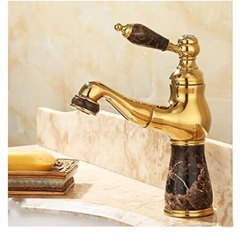 Goldener Badezimmer-Waschtischhahn aus massivem Messing und Jade, Wasserhahn, Spültisch-Mischbatterie, heißes und kaltes Wasser, Waschtischarmatur, Spültischkran (Farbe: Blanc) (Nero)