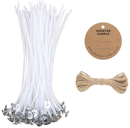 Bolosa 50Pcs Pre Waxed Cotton Candle Wicks, 10cm, with Tags and Jute String | Includes 20 tag labels and 20 jute strings, No Black Smoke, suitable for soy, beeswax, paraffin, palm and citronella candles