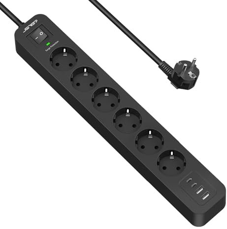 JSVER Multiprise Parasurtenseurs USB 6 Prises avec 2 Ports USB A+2 Ports USB C Chargeur (5V3,4A) Multiprises parafoudre et surtension avec Cable 2m pour Smartphone, Maison, Bureau-Noir