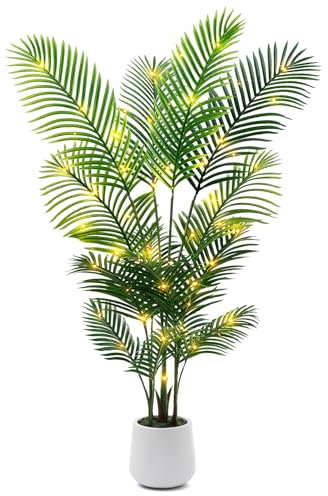 Palma artificiale da 1,5 m per interni, con luci a LED e fioriera bianca, pianta realistica di palma tropicale Areca con tronco realistico e rami regolabili, per casa, ufficio, soggiorno, decorazione