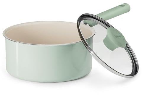 Redchef Ceramic Nonstick Saucepan with Lid,18cm Small Cooking Pot, Non Toxic Sauce Pans for Kitchen, Cool Handle PFAS Free Compatible with All Cooktops, Green