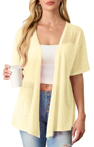 PrinStory Cárdigan ligero de verano para mujer, manga corta/larga, punto frontal, cuello en V, parte superior abierta