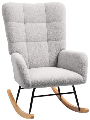 HOMCOM Schaukelstuhl Schaukelsessel mit Armlehne Holzkufen Hellgrau | Teddysamt-Optik, Relaxsessel, Schwingsessel Stillsessel, für Schlafzimmer, Wohnzimmer