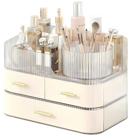 DASITON Make Up Kosmetik Organizer, 360° Drehbar Make Up Pinsel Organizer, Großer Kosmetik Aufbewahrung mit Stapelbare Schubladen, Skincare Schmink Organizers für Schminktisch Badezimmer (Creme)