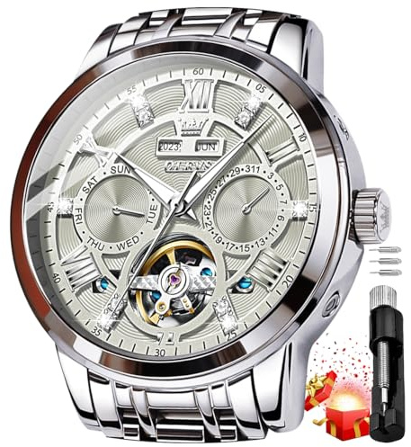 OLEVS Tourbillon - Reloj automático para hombre con calendario, resistente al agua, 30 m, manecillas luminosas, reloj mecánico de cuerda automática, para negocios, moda de noche, en caja de regalo