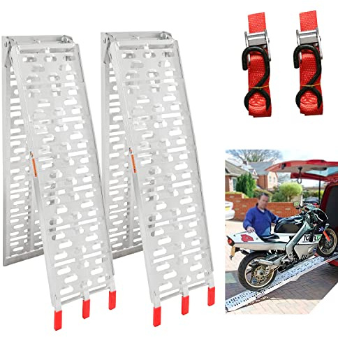 Ollewiellan 2X Klappbar Auffahrrampe, 680kg Alu Verladerampe, rutschfest Verladeschiene, max. 340kg* pro Stück, Anhängerrampe, Auto Laderampe für Motorrad, Anhänger, Rasenmäher, 226 x 30.5x5.5cm