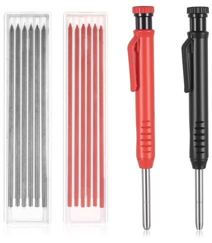 2er Tieflochmarker Bleistift Baustellen Bleistifte, Zimmermannsbleistift Set mit 12 Bleistiftminen 2 Farben,Tischler Bleistift Bohrlochmarker Tiefenlochmarker für Schreinerei Baubleistift Handwerker