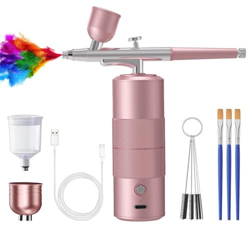 LUFEIS Airbrush Kit with Compressor, Rechargeable Cordless Non-Clogging High-Pressure Air Brush Gun with 0.3mm Nozzle and Cleaning Brush Set for Nail Art, Makeup, Graffiti Painting, Cake Decor (Pink)