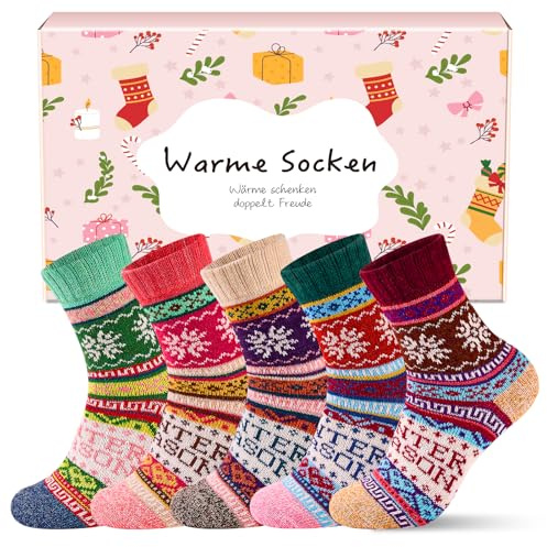 inaWarm Chaussettes Chauffantes Femme, 5 Paires en Laine Épaisses Pour L'Hiver, Transpirantes, Colorées & Confortables, Cadeau Taille 35-42