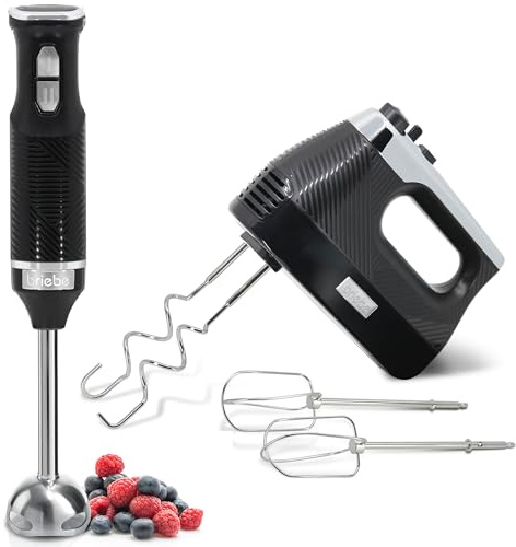 briebe Elegance Set Batidora de Mano 600W, 2 Velocidades Pie Desmontable Acero Inoxidable + Batidora de Varillas Eléctrica 400W, Amasadora de Mano Especial Repostería 5 Velocidades + Turbo (Negro)