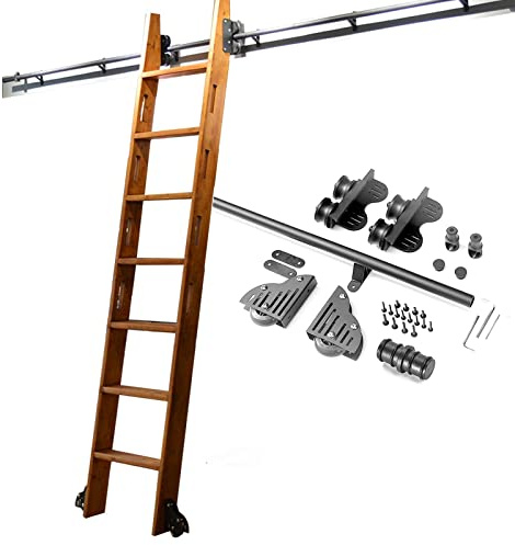 Scala Scorrevole Hardware Set Completo Kit, Kit libreria Scorrevole con rotelle e ferramenta in Metallo Nero, Scala da 3,9 m, Binario da 6,1 m, Tubo Tondo Mobile con Rullo a Pavimento