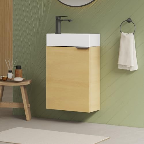 EMKE Mueble de Lavabo 41 cm con Lavabo de Cerámica – para Aseo de Invitados y Baños Pequeños – Mueble Compacto con Almacenamiento – Madera Natural(Grifo Incluido)