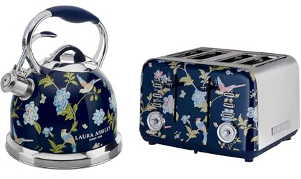 Laura Ashley Ensembles Bouilloire et Grille-Pain par VQ – Bouilloire Sifflante en Inox 2,5 L pour Feux Tous Types & Grille-Pain 4 Tranches avec Fonctions Décongélation et Réchauffage – Elveden Bleu