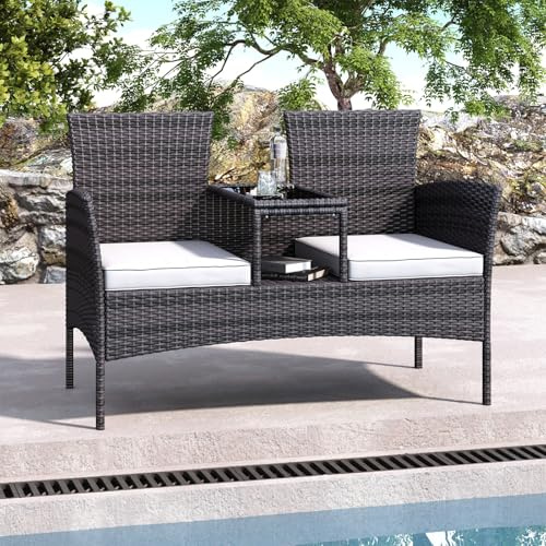 Mokylor Outdoor Loveseat, Polyrattan Sitzgruppe Rattan,2-Sitzer Stuhl mit Tisch, Kissen, Tischplatte aus gehärtetem Glas, Sitzgarnitur, Gartenstuhl, Balkonstuhl für Garten. (Braun, 132 x 63 x 87 cm)
