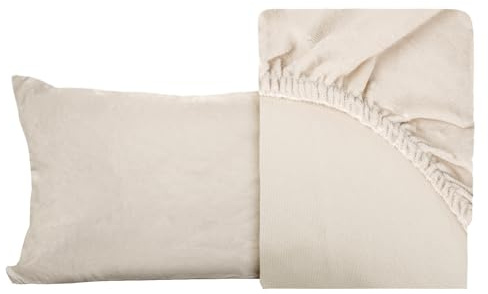 BESCH Sábanas Bajeras Térmica Terciopelo de Cristal Ajustable de 2 Piezas 90x200+25cm + 1 Funda Almohada de 45x110cm - Bajera Pólar Felpa, Súper Suave y Acogedora (Marfil, Cama 90)