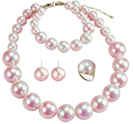 4 Piece Juego de Joyas de Perlas, Conjunto de Joyas Mujer con Collar Perlas, Pulsera Perla, Pendientes Perla, Anillo Perlass, Juego de Pendientes Collar y Pulsera de Perlass para Mujer Niña (Rosa)