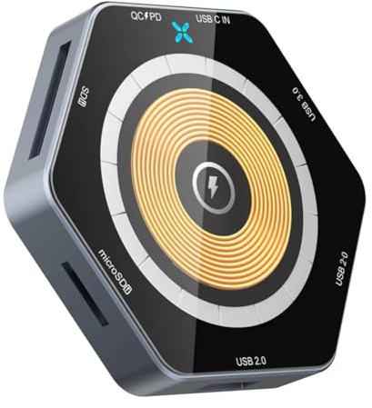 Ujjdwiurgh QC3.0 Super Charge Fast Wireless Charging 7 en 1 HUB 15W 7 Puertos Tipo-C USB 3.0 Conectores duales con lector de tarjetas TF SD