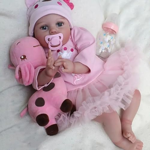 WEQNT Reborn Baby Puppe Mädchen 55cm, Realistisch Lebensecht Neugeborene mit Weichem Vinylsilikon, Rosa Kleid mit Tüllrock, Giraffen-Plüschtier, Flasche und Schnuller