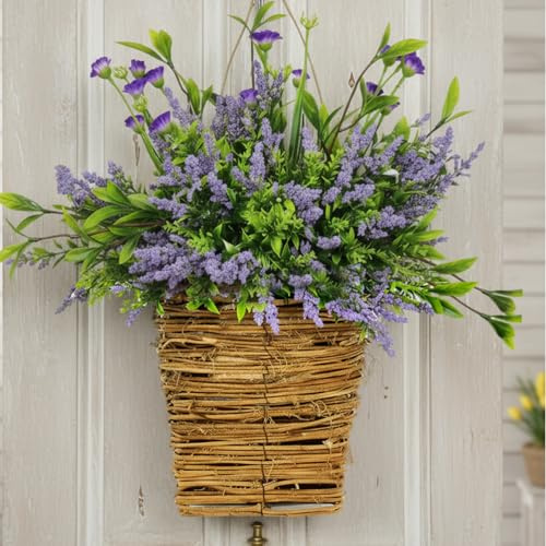 Hanging Basket for Front Door - Spring Summer Wreath with Burlap Bow, Victorian Style Porch Decor, Front Door Basket Welcome Sign, Purple, Pet Decors