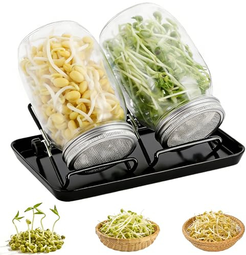 HuaCommerce Ribbstålsglas, set om 2 med 1 000 ml glas, rostfritt stål 304 sillock och skål – broccoli, krasse & Co. Dra själv – miljövänligt groddar för hälsosam groning, inkl. stativ