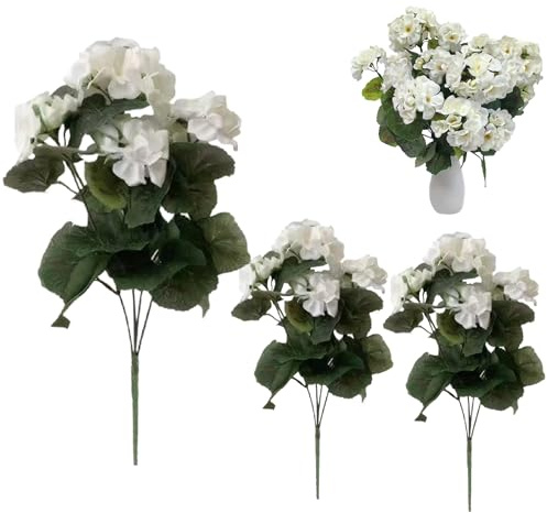 Ngbbby Konstgjorda pelargon realistiska 3 st 35,5 cm silke utomhusblommor UV-beständiga vita