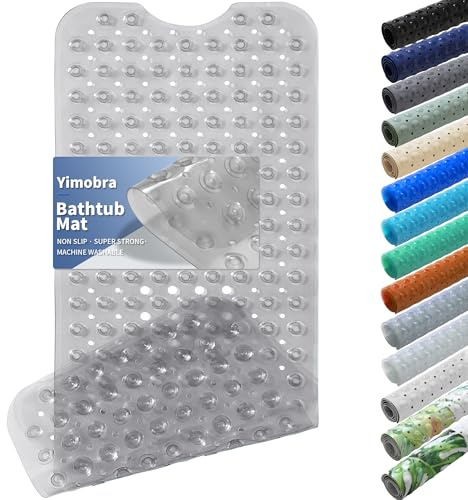 Yimobra Non Slip Bathtub Mat 40x16, Super Strong Suction Cups, Extra Long Shower Mat with Drain Holes, Machine Washable Fast Draining Bathroom Floor Mat, Clear Grey