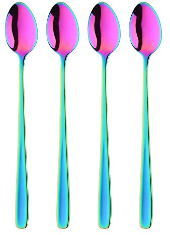 BISDARUN Cuillères à Latté Macchiato Lot De 4 Arc-en-ciel Cuillère Cocktail Longue 20 CM(7,87 Inch) Cuillères à Dessert Café Glace 18/10 Acier Inox