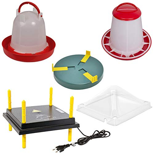 VOSS.farming Kükenaufzucht Komplettset für bis zu 25 Küken, 30x30cm Wärmeplatte mit Temperaturregler und Abdeckung + Tränke + Futterautomat + Tränkenwärmer, robust, Aufzucht Küken Frostschutz