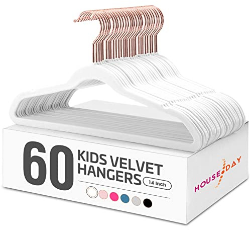 HOUSE DAY Velvet Kids Hangers 60 Pack, Premium Childrens Hangers for Closet, Ultra Thin Cute Clothes Hanger, Non Slip Small Felt Hanger 14 Inch for Kids Clothes, White