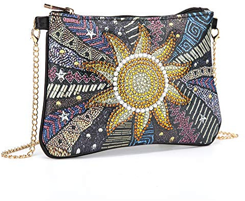 VETPW 5D DIY Tournesol Diamant Peinture Sac à Bandoulière Lady avec Chaîne, Diamond Pasted Painting Bricolage Cuir Trousse de Maquillage Porte-Monnaie Pochette Portefeuille pour Femmes Vacances Fête