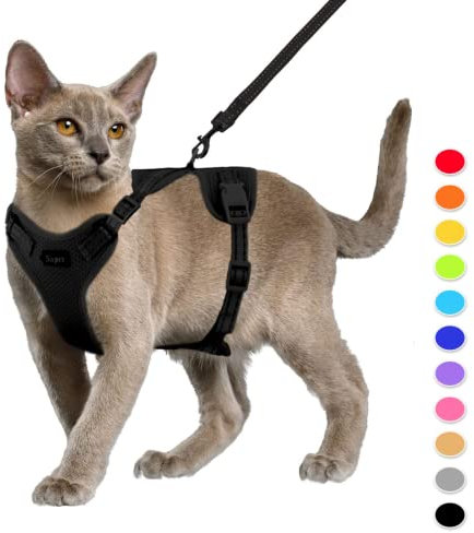 Supet Katzengeschirr und Leine Set Fluchtsicheres Kätzchengeschirr Verstellbares Katzenwestengeschirr mit Reflexstreifen Universelle Katzenleine und -Geschirr für Katzen/Welpen schwarz